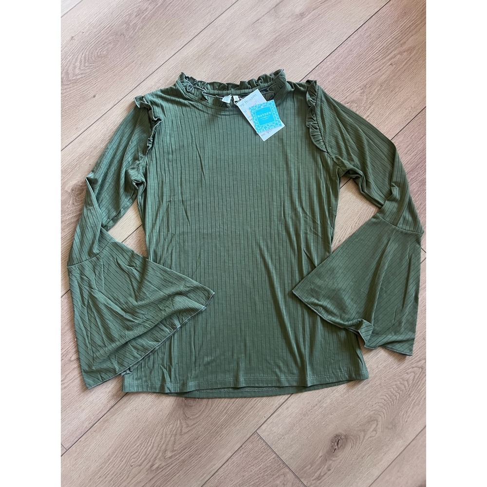 Hayden Los Angeles Olive Green Ribbed Ruffle Mock Neck Bell Sleeve Top Large NEW